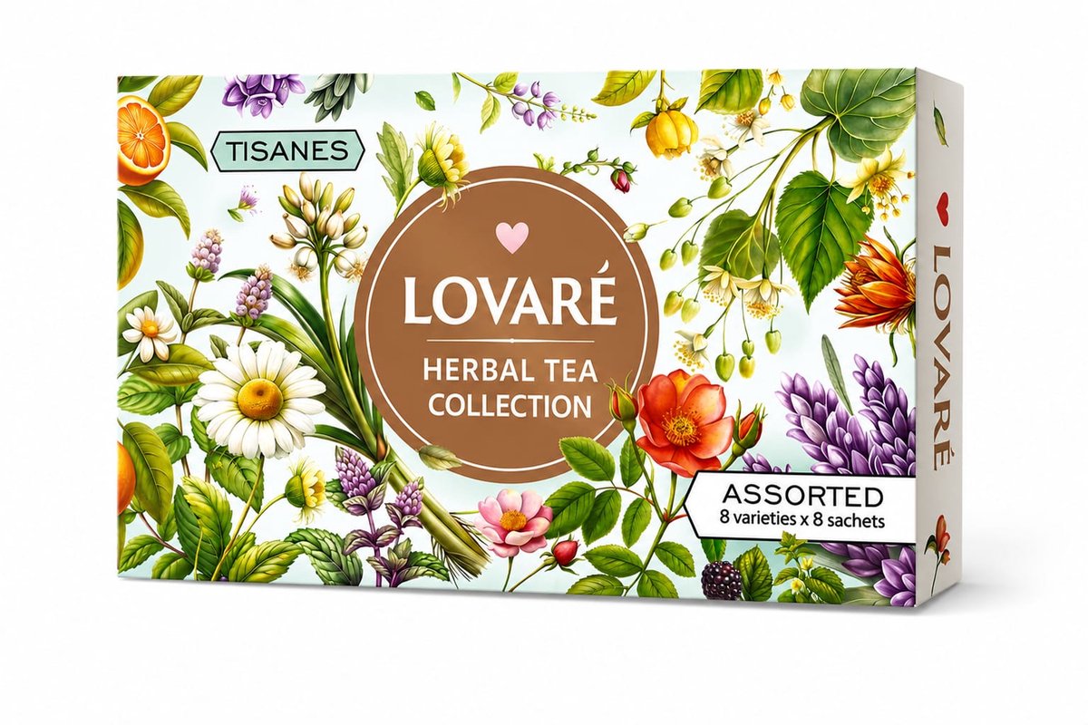 Lovaré Herbal Tea Collection – 64 Kruidentheezakjes – 8 Smaken – Cafeïnevrije Thee Geschenkset – Kamille, Munt, Rooibos & Kruiden – Luxe Thee Cadeau