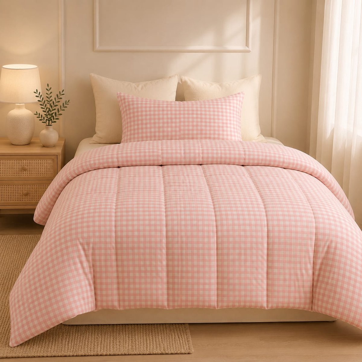 Beddengoedset 135x200 cm roze wit geruit - allergievriendelijk microvezel dekbedovertrek met ritssluiting en kussensloop 80x80 cm