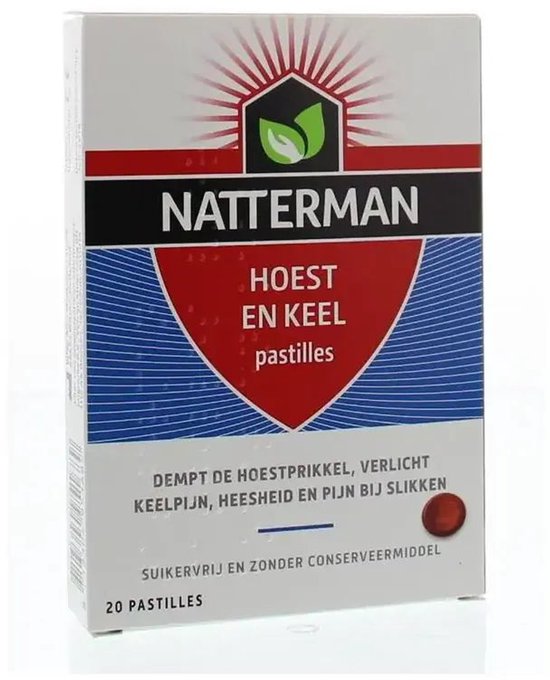 Doos Natterman Hoest en Keel pastilles. Rode pastille rechtsonder. Tekst: Suikervrij en zonder conserveermiddel, 20 pastilles.