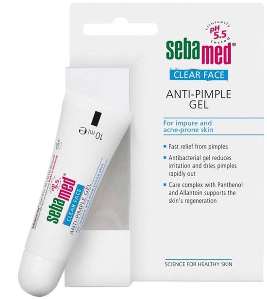 Sebamed Clear Face Anti-Pimple Gel, 10 ml tube in verpakking. Voor de onzuivere en acne-gevoelige huid.