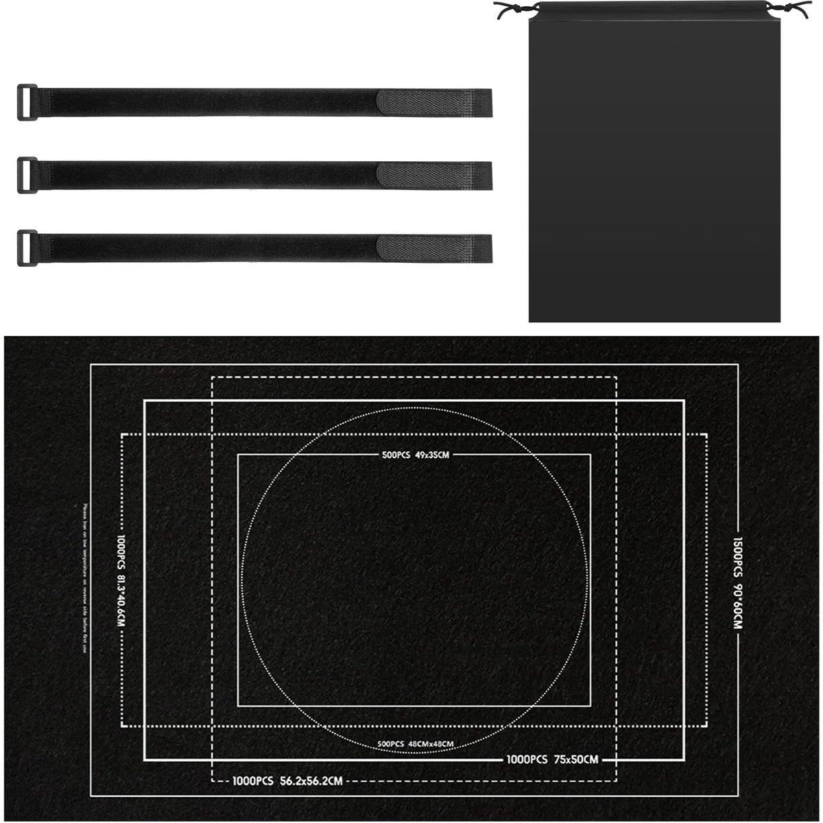 Dailygoods- Puzzelmat voor 1000/1500 stukjes - Zwarte Puzzelonderlegger - Opbergtas - Polyester - Afmetingen 115 x 65 cm - Inclusief klittenbandsluitingen