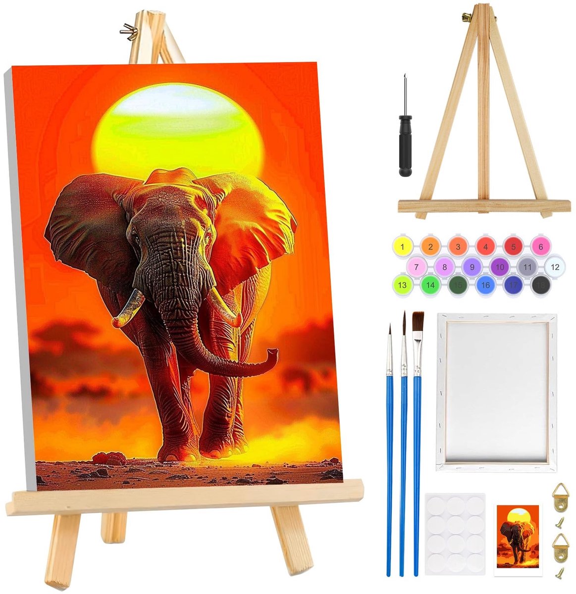 Dailygoods- Verf op Nummer voor Volwassenen - Olifant Schilderen op Nummer - Eenvoudige Doe-Het-Zelf Kit - Inclusief Houten Ezel - Voorbedrukt Canvas - 3 Penselen en Acrylverf - Schilderkit