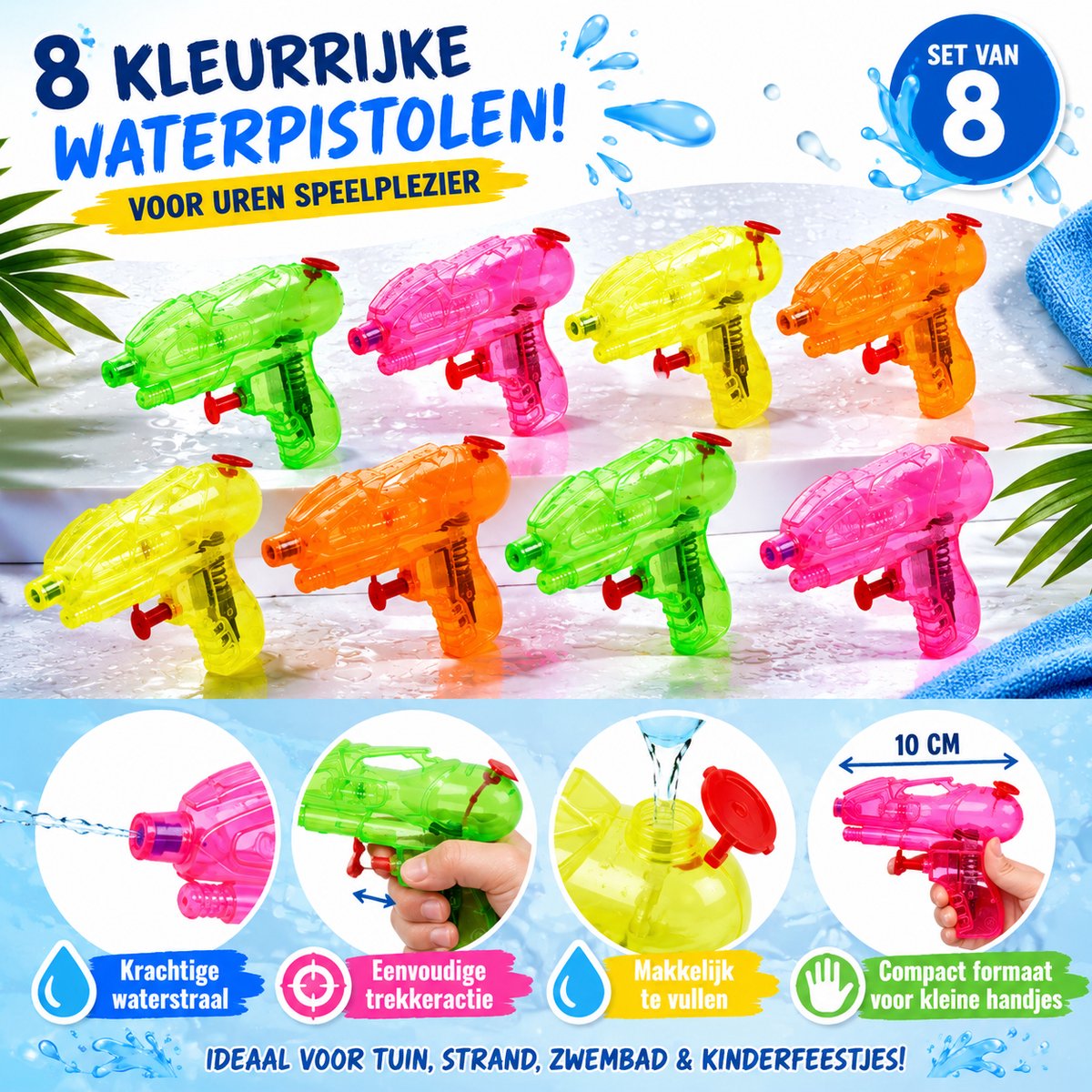 Benza Waterpistolen Set van 8 – Mini Waterpistool 10 cm – Neon Kleuren – Trekkeractie – Waterspeelgoed voor Buiten