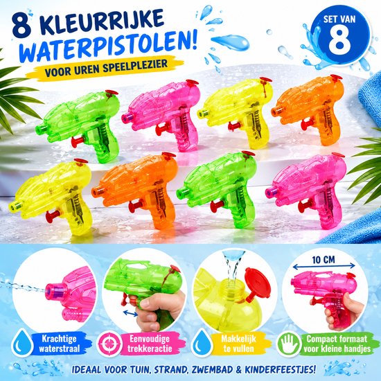 Benza Lot de 8 pistolets à eau – Mini pistolet à eau 10 cm – Couleurs néon – Action de gâchette – Jouet aquatique pour l'extérieur