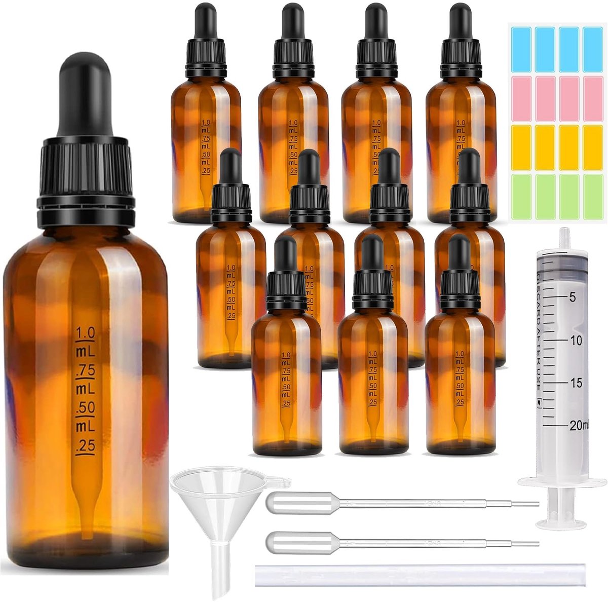 Dailygoods- Pipetfles 30 ml - Set van 12 Stuks - Bruine Glazen Fles - Herbruikbaar - Antiv UV - Inclusief Spuit/Trechter/Pipet - Druppelfles