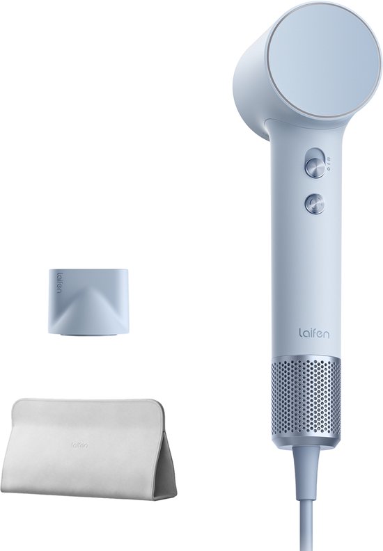 Lichtblauwe Laifen Mini haardroger met accessoires: mondstuk en stoffen etui.