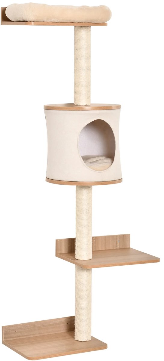 QUESTYR - Wand Kattenmeubel - Krabpaal - Moderne Klimmeubel - Katten - Beige - Houten Wand met Platforms - Verwijderbare Kussens