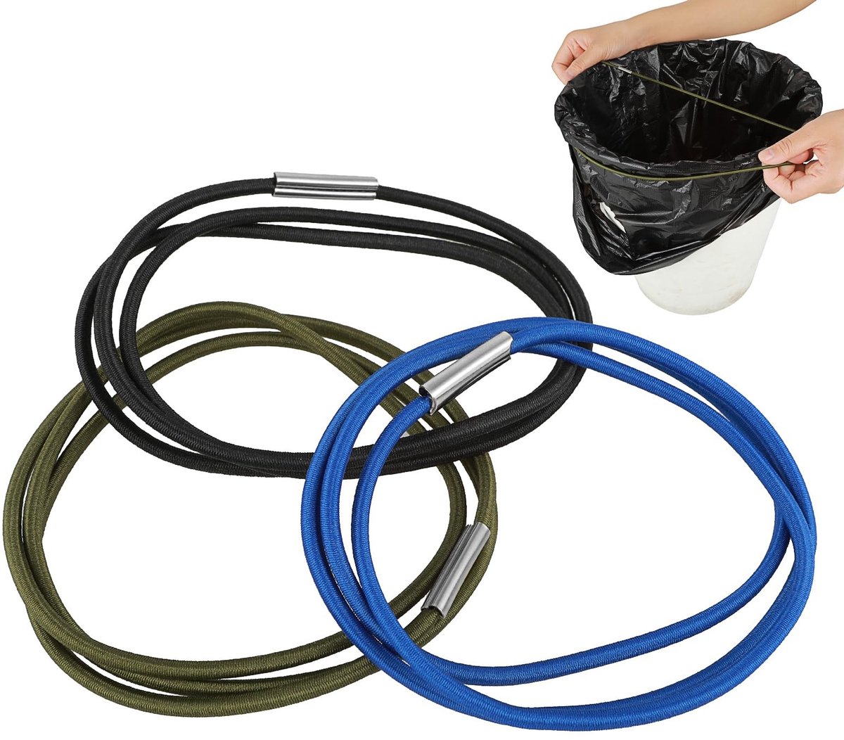 Dailygoods- Elastiekjes Set 3 Stuks - Geschikt voor Prullenbakken 13-30 Gallon - Duurzaam - Sterk/Reliëf - Goede Elasticiteit - Zwart/Blauw/Olijfgroen - Vuilniszakband