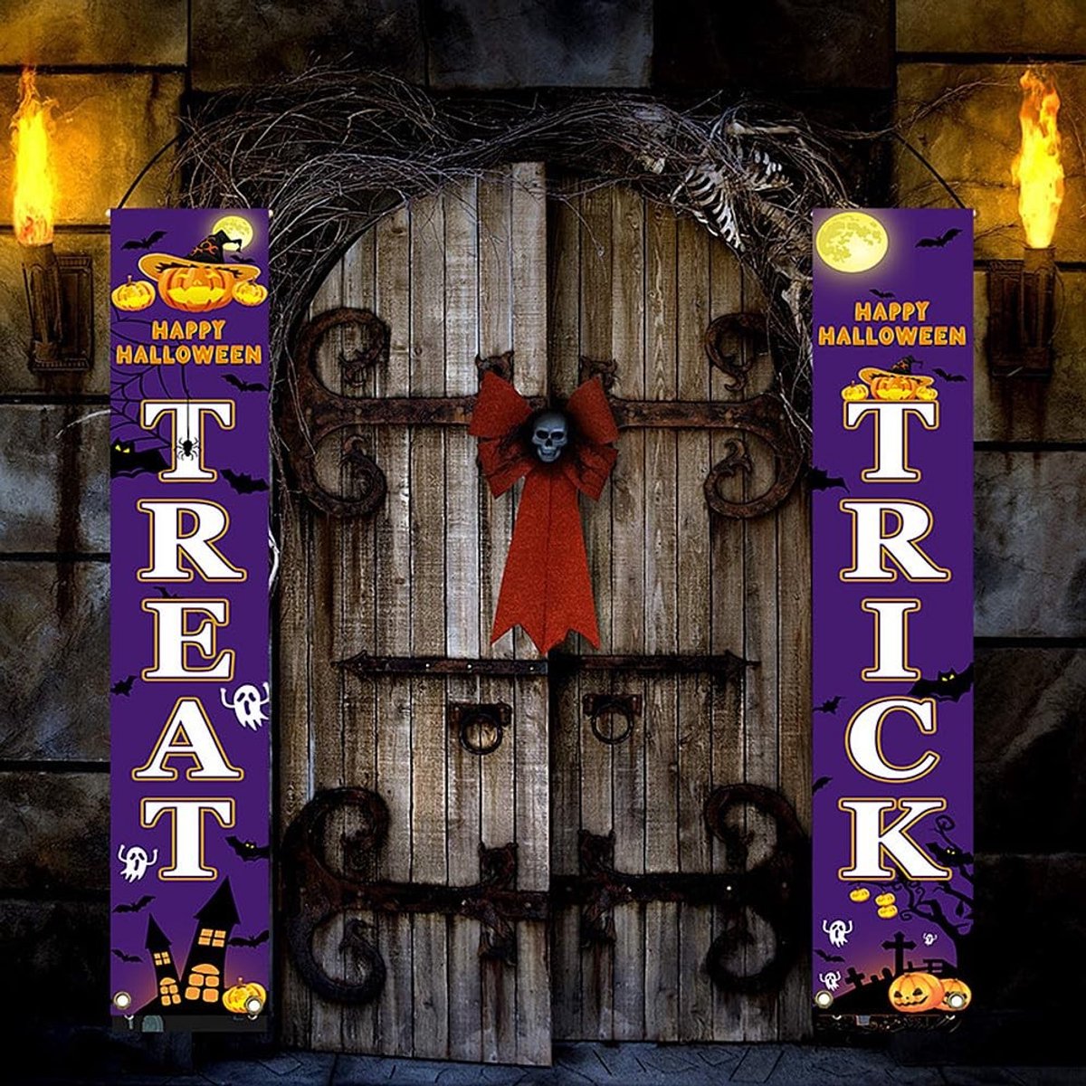 Dailygoods- Deurbanner 2PC - Halloween Decoratie - Duurzaam - Spookachtige Achtergrond - Perfect voor Buiten - Opvallende Kleuren - Halloweendecoratie