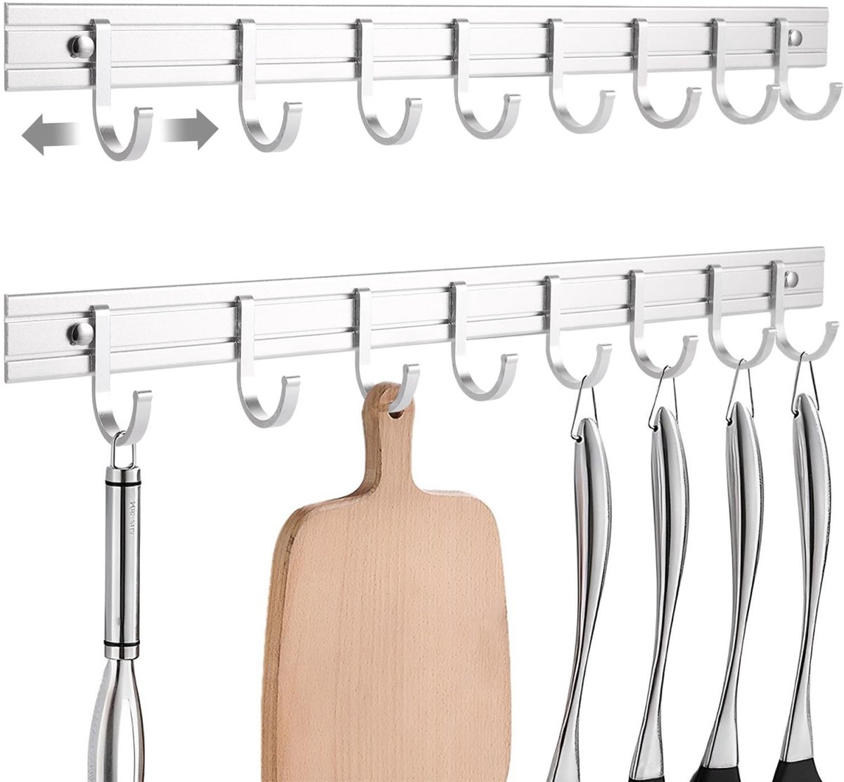 Dailygoods- Keukenhaak 40 cm - Keukenhaakjes - Zelfklevend - 8 Beweegbare Haakjes - Geen Boren - Ruimtebesparend - Keukenhaken