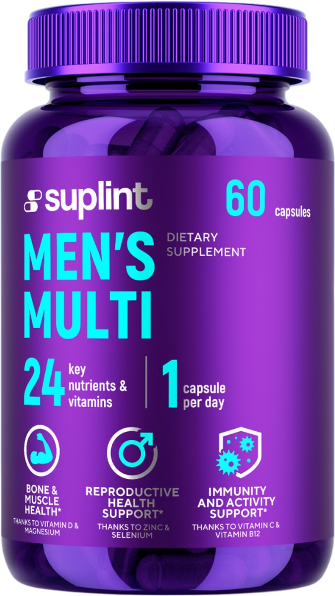 Suplint Multivitamine Man – Complete multivitamine voor mannen – 24 vitaminen & mineralen – Met o.a. Vitamine D, Magnesium, Zink & Vitamine B12 – 1 capsule per dag – 60 capsules
