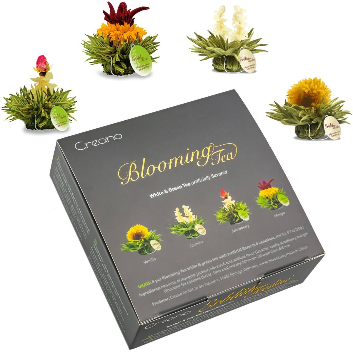 Creano 4 theebloemen in luxe geschenkdoos - Teelini witte & groene thee in kopformaat