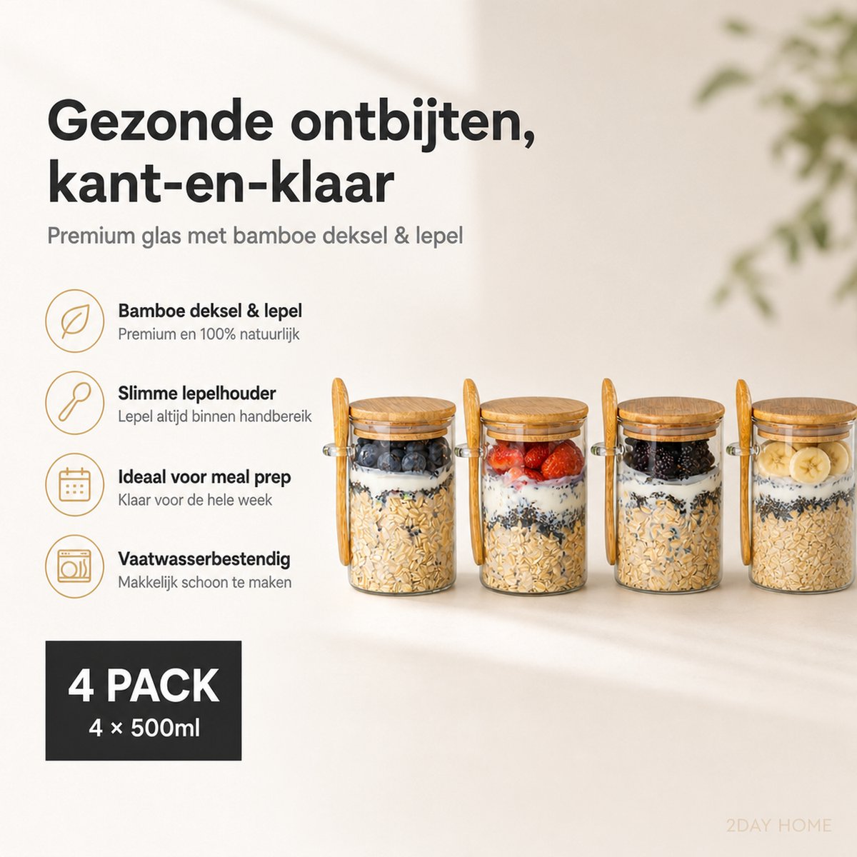 2DayHome Overnight Oats Potjes Glas - Set van 4 met Bamboe Deksel en Lepel - 500 ml - Luchtdicht - Muesli Beker - Yoghurtbeker - Lunchpot - Havermout Ontbijtpotjes - Meal Prep Glazen Voorraadpotten met Deksel - Incl. Receptenboek — cadeau in Kookcadeaus - foto 5
