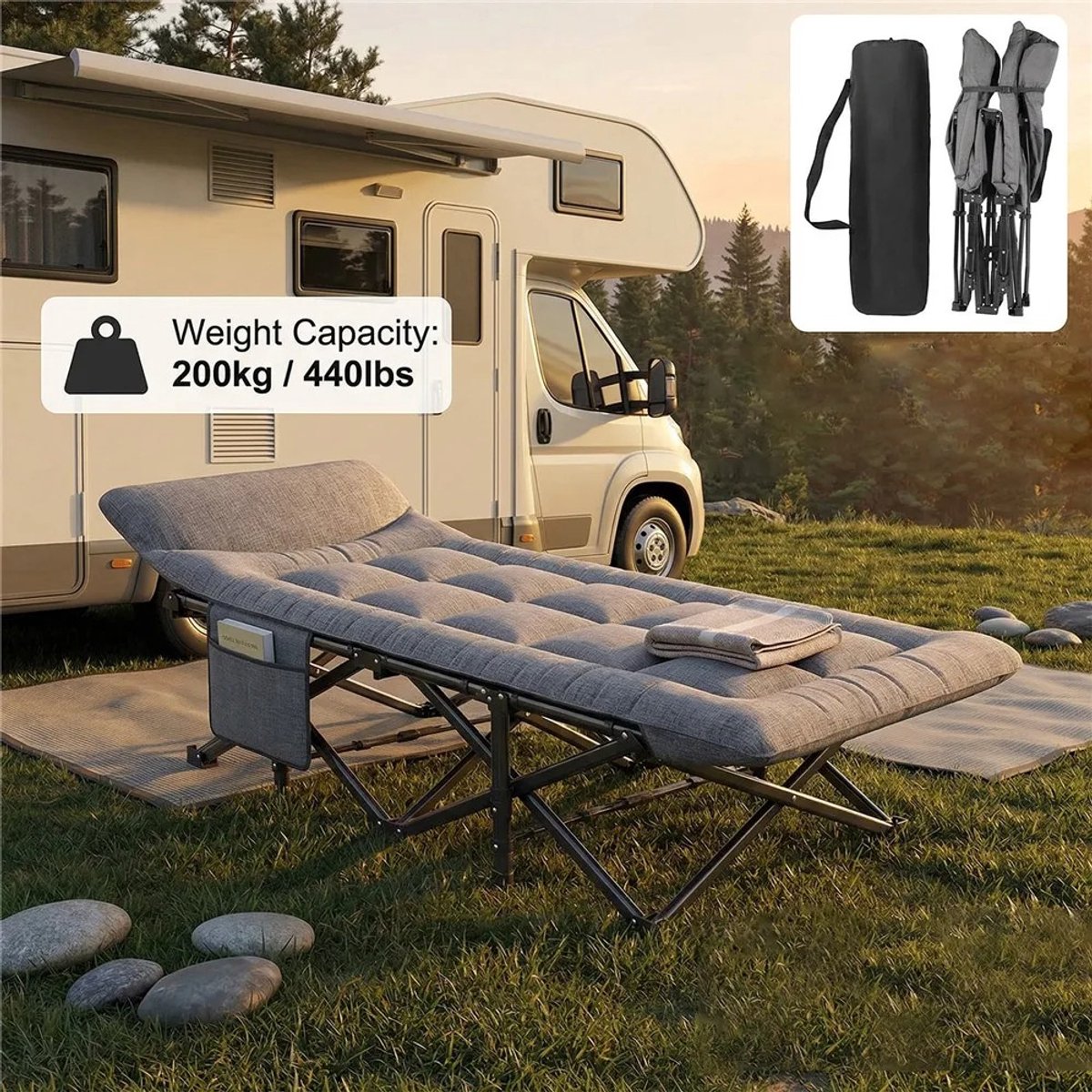 Woongenotponline - Inklapbare campingbed met kussen & zijvak - stevig stalen frame tot 200 kg - draagbaar slaapbed voor kantoorluiers