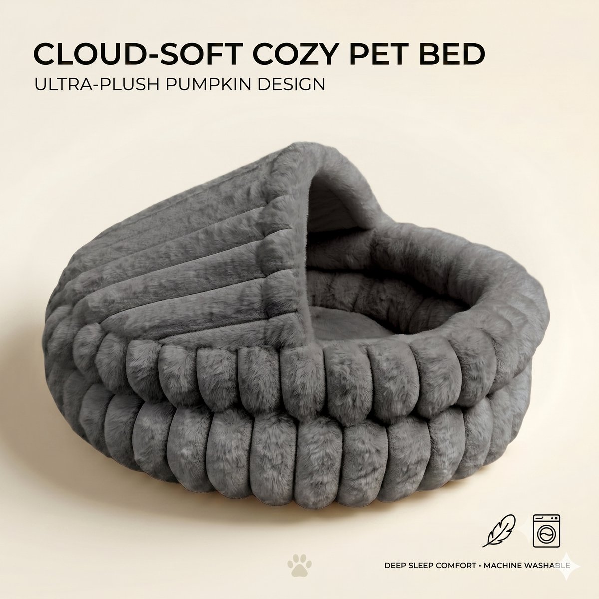 Luxe Pluche Kattenmand met Overkapping - Ribbel Design - Ø 50 cm - Grijs - Zacht Holletje voor Kat & Hond - Anti-Stress Slaapzak