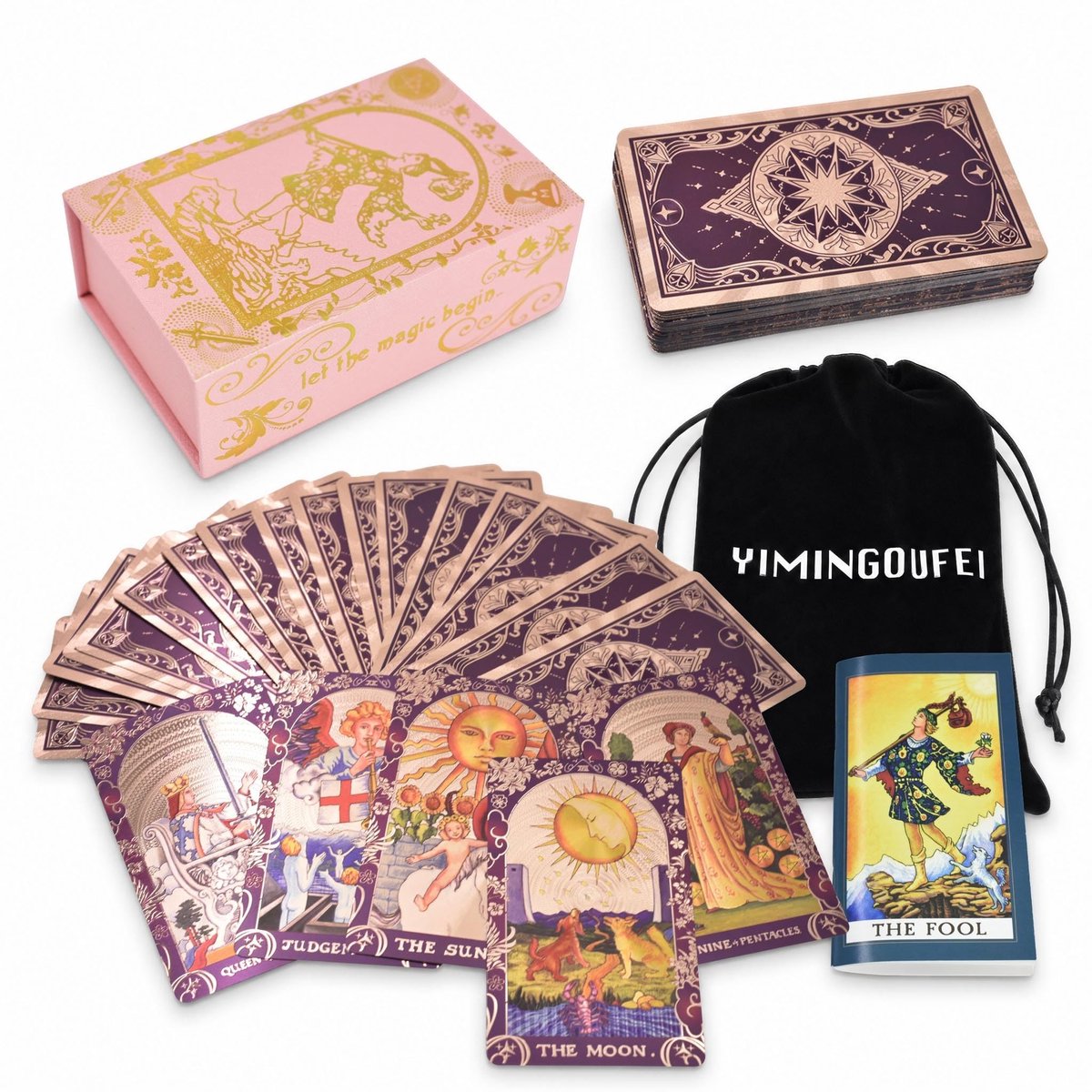 Dailygoods- Tarotdeck Goudfolie - 78 Tarotkaarten - Waterdicht Holografisch PVC - Handleiding - Opbergzak - Geschikt voor Beginners