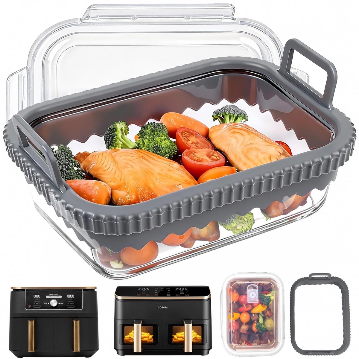 Dailygoods- Airfryer Accessoires Premium - Glazen Container 20,8 x 16,5 cm - Hittebestendig - Krasbestendig - Siliconen Handgrepen - Voedselveilig - Airfryer Bakaccessoires