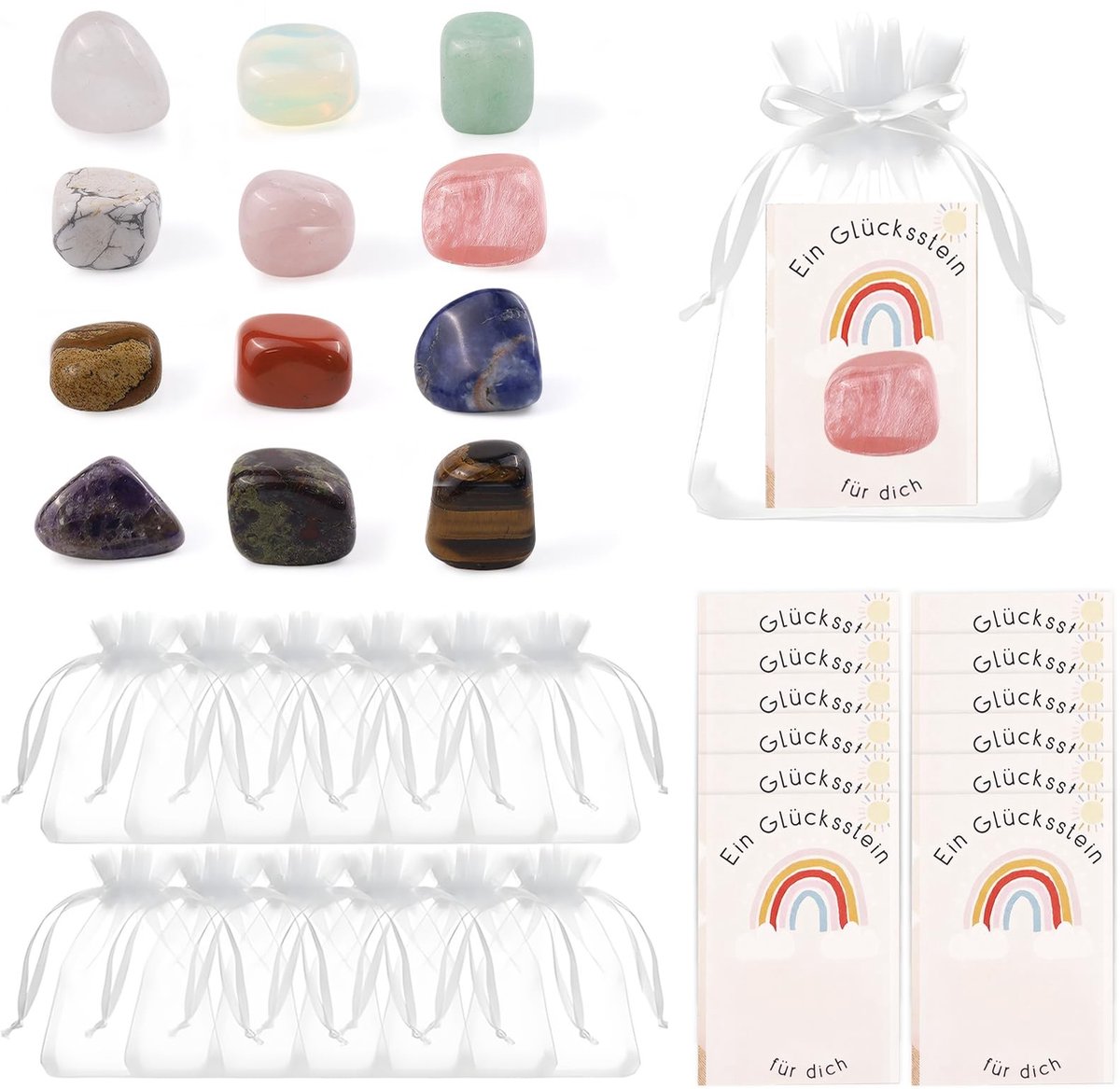 Dailygoods - 12 x Kaboutersteen, Kleurrijke Edelstenen met Wenskaart en Organza Zakje