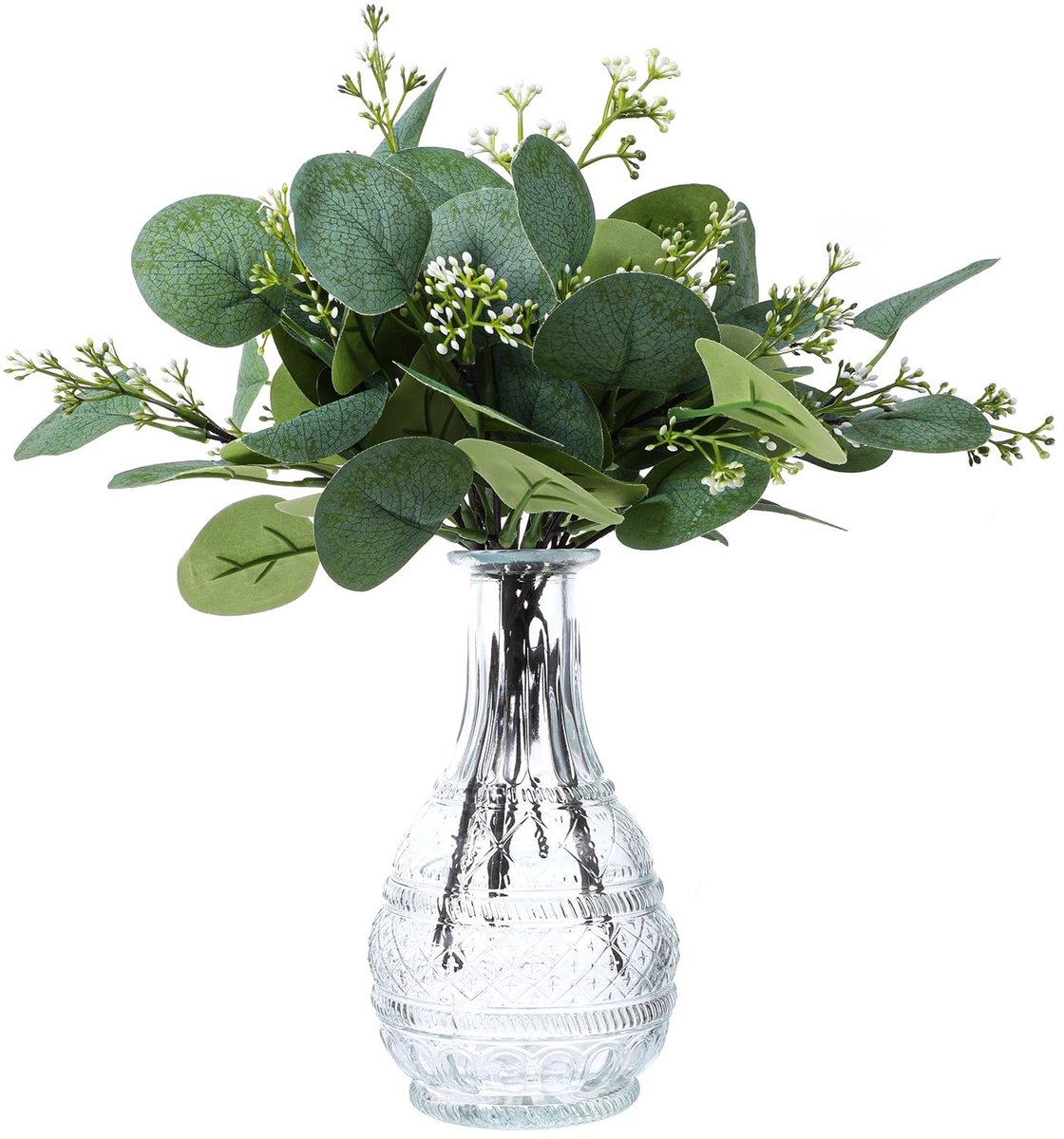 Dailygoods- Eucalyptusbladeren 12 stuks - Kunstmatige Stengels - Decoratie voor Vaasboeketten - Natuurlijke Uiterlijk - Groene Stengels met Witte Zaden - 29 cm Lengte - Nepplanten