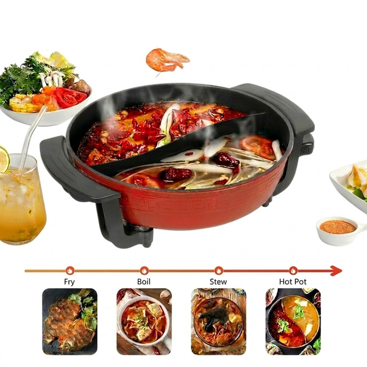UFTA Elektrische Hete Pot - Multifunctionele Kookpan met Verdeelde Pot - 6L Antiaanbaklaag - 1360W 5 Standen - Rood/Zwart