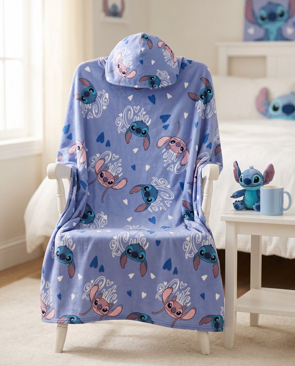 Stitch fleece plaid met capuchon 120 x 150 cm - polyester