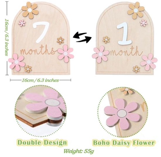 KZQ Houten Baby Mijlpaal Kaarten 0-12 Maanden - Fotografie Props & Groeicijfers Cadeauset van KZQ — afbeelding 3