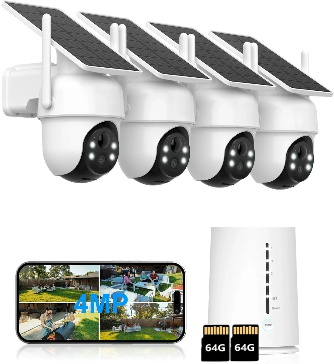 Q04 Buitencamera's, 4 Pack met HomeBase – Beveiligingscamera'svoor Buiten 4MP set - 4K Ultra HD Camerabewaking -resolutie, geïntegreerd zonnepaneel, compatibel met Apple HomeKit, Alexa en Google Assistant - mit 2*64GB Karte