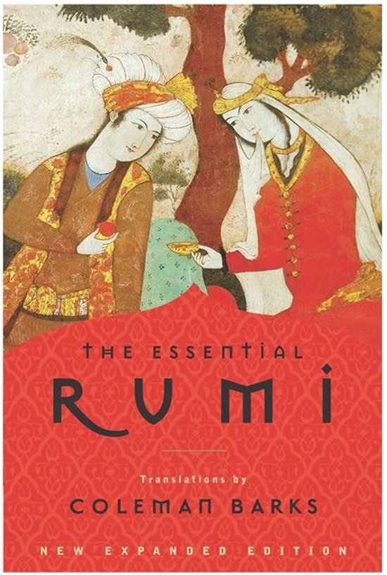 Livre 'The Essential Rumi' avec une miniature persane représentant deux personnes, motif rouge sur la couverture.