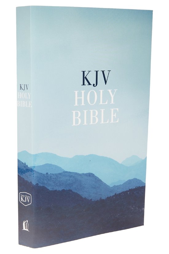 Bible KJV sacrée dans une boîte avec un paysage de montagnes bleues sur le devant.
