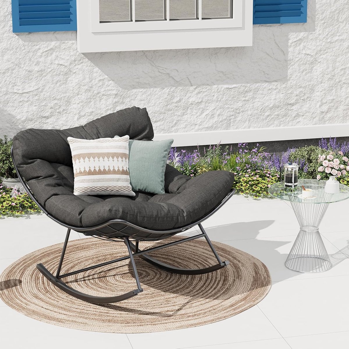 Schommelstoel Tuin Outdoor met Kussen – 78 x 19,5 x 77 cm – Ergonomische Tuinstoel met Schommelbeweging – Weerbestendig Stalen Frame – Balkonstoel Terrasstoel Lounge Stoel Grijs – Mobili Bella