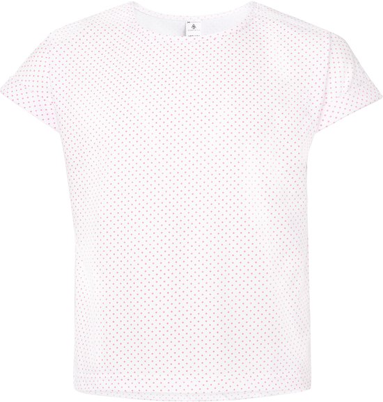 T-shirt blanc à pois roses pour fille, manches courtes.