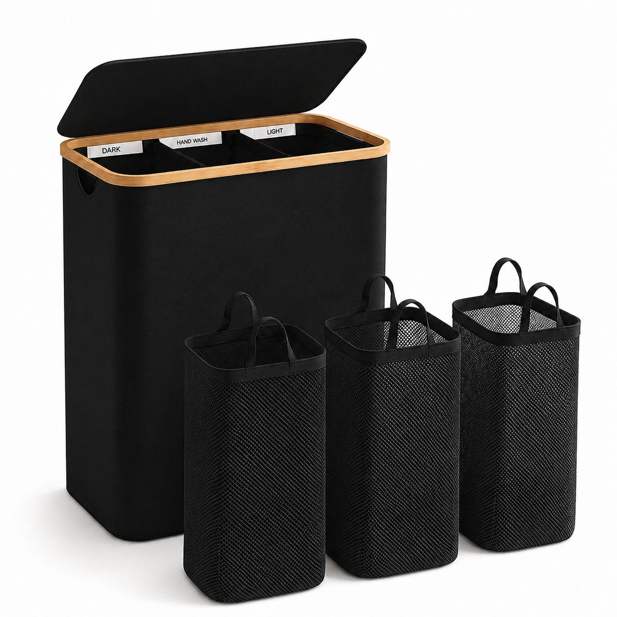 Bol.com BOTC Wasmand 3 Vakken - Wassorteerder - 160L Capaciteit - Bamboe Wasmand met Deksel - 75*57*37cm - Zwart aanbieding