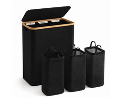 BOTC Wasmand 3 Vakken - Wassorteerder - 160L Capaciteit - Bamboe Wasmand met Deksel - 75*57*37cm - Zwart