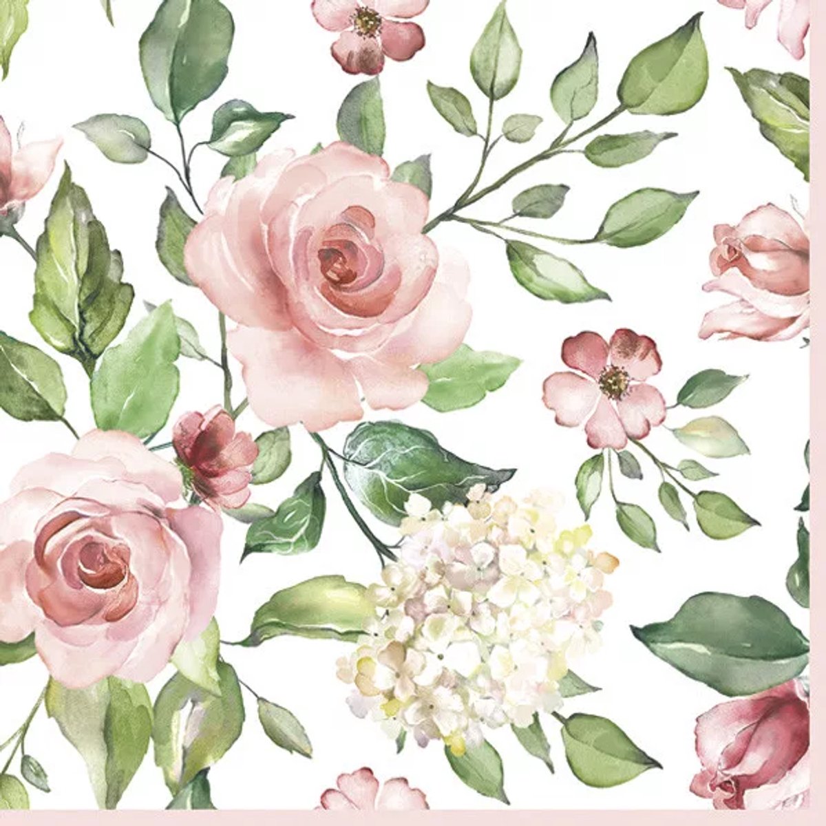 40 Servetten - Roos - Hortensia - Watercolour Roses with Hydrangea - Op een witte achtergrond - Roze - Groen - 33 x 33 cm - 3-Laags - Maki