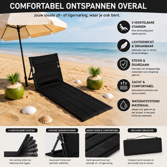Arvion Strandmat Inklapbaar met Verstelbare Rugleuning - Opvouwbare Strandstoel voor Picknick, Strand, Tuin, Terras, Camping - Zwart — afbeelding 3