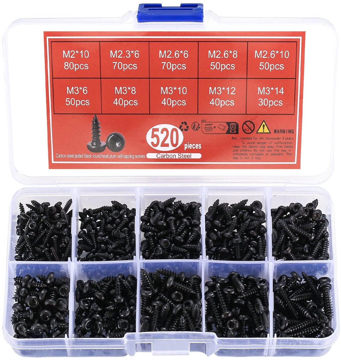 Dailygoods- Houtschroeven 520 stuks - Zelftappende Schroeven - Torx Zwart - Koolstofstaal - Corrosiebestendig - Glad Resultaat