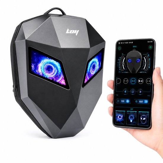 Sac à dos noir pour moto, géométrique, avec écran LED affichant des motifs bleus pulsants, à côté d'un smartphone.