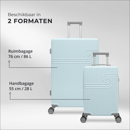 Twee lichtblauwe koffers, een handbagage en een ruimbagage, naast elkaar. Maten: 55cm/28L en 76cm/86L.
