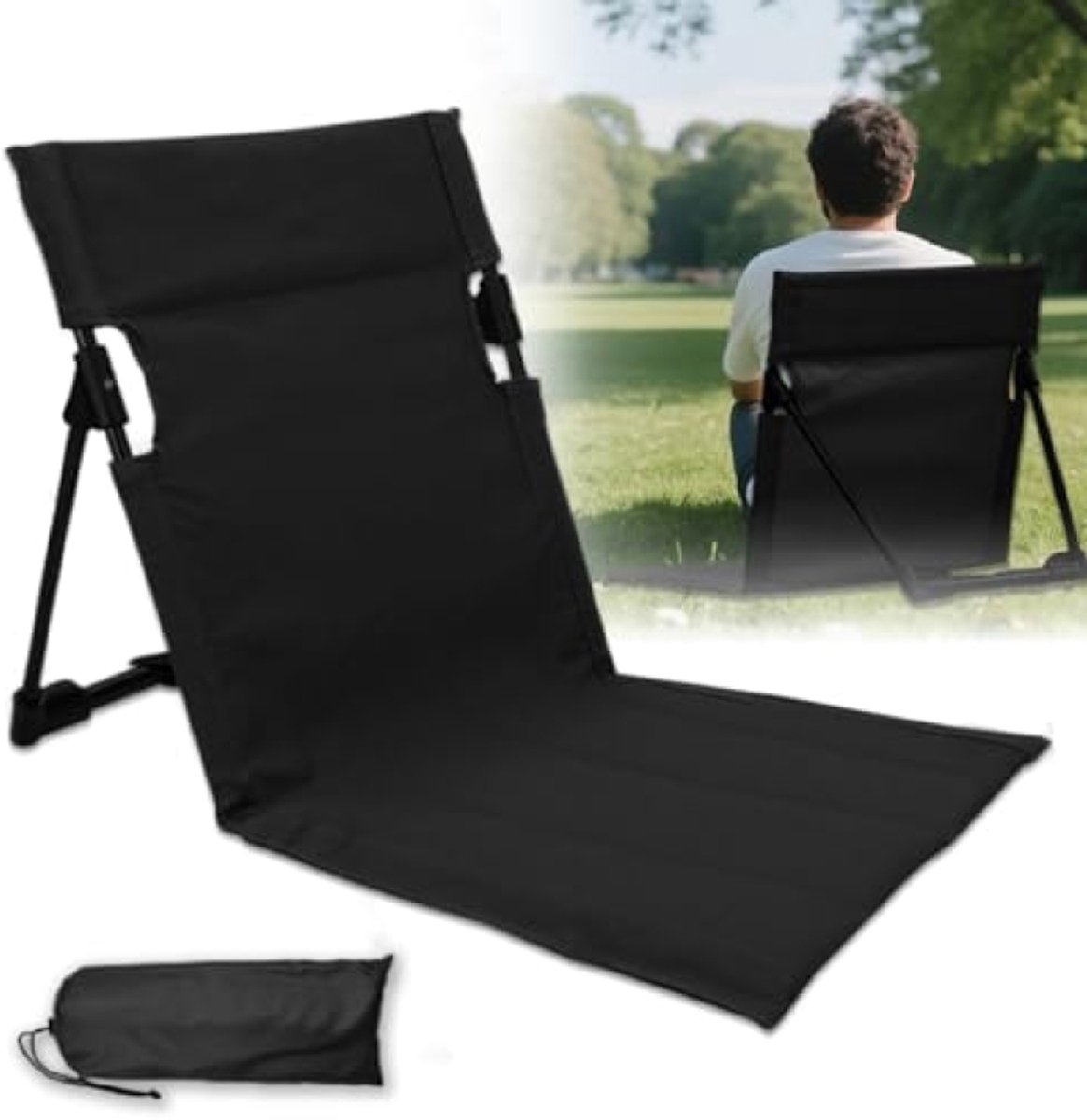 Arvion Vloerstoel met rugleuning – Inklapbare strandstoel – Draagbare zitgelegenheid voor camping, picknick en outdoor – Zwart