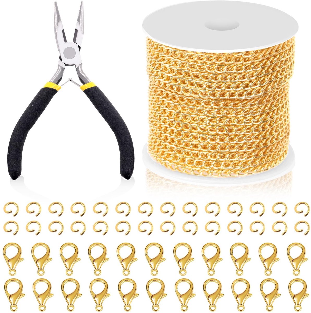 Dailygoods- Schakelketting 9,1 m - Set van 102 stuks - Platte schakels - Springringetjes/Kreeftsluitingen - Sieradentang - Hoogwaardige legering - Sieradenketting