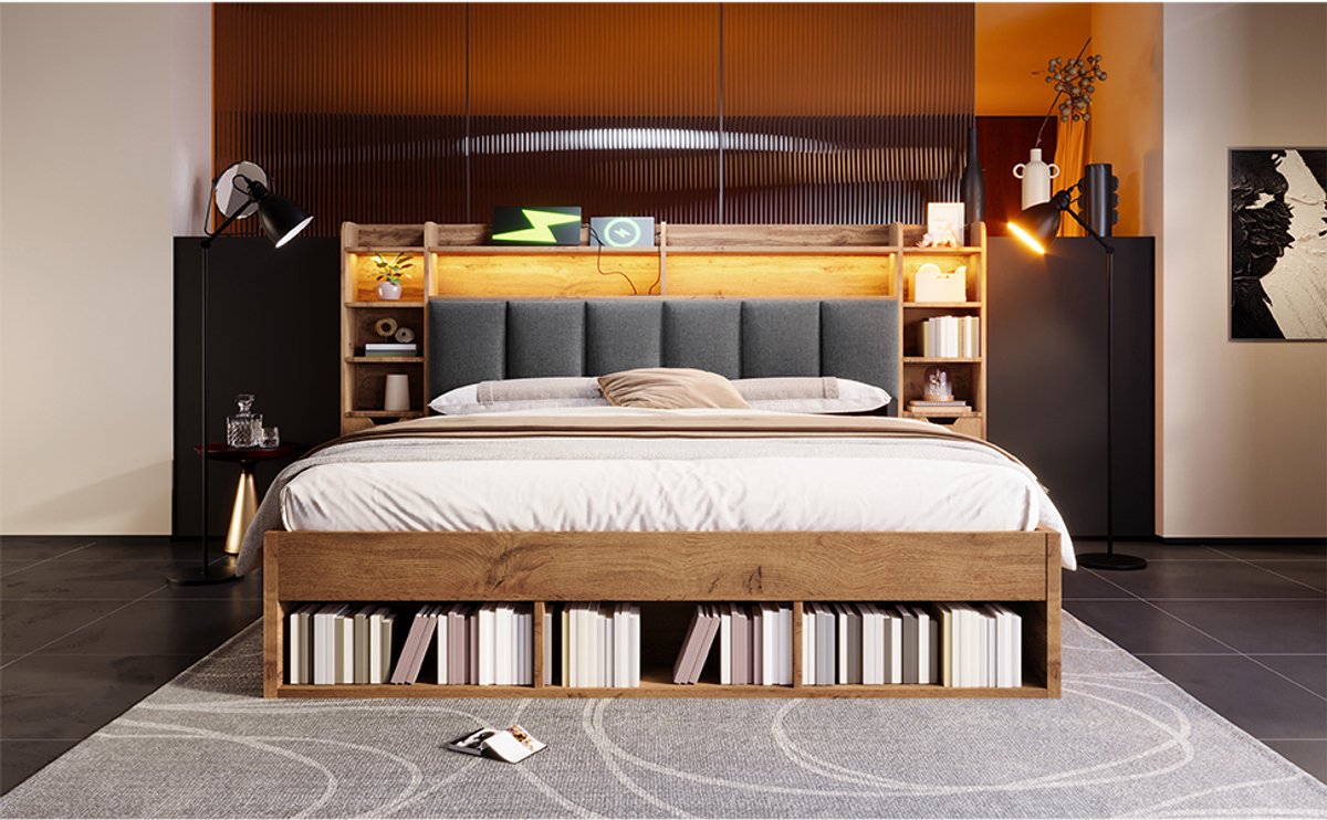 VVBV Bed met opbergruimte 180x200 / Tweepersoonsbed 180x200 – met Lades, LED-Verlichting, USB, USB-C, Lattenbodem – Hoofdbord – Zonder Matras – Eiken Oak