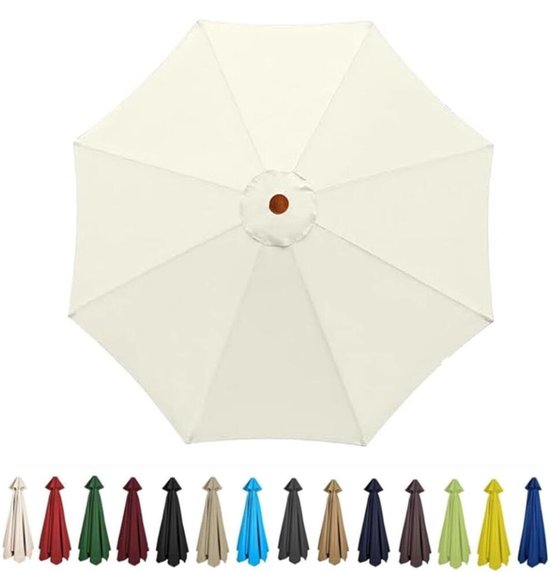 Gebroken wit parasoldoek van bovenaf, met onderaan een rij met beschikbare kleuren.