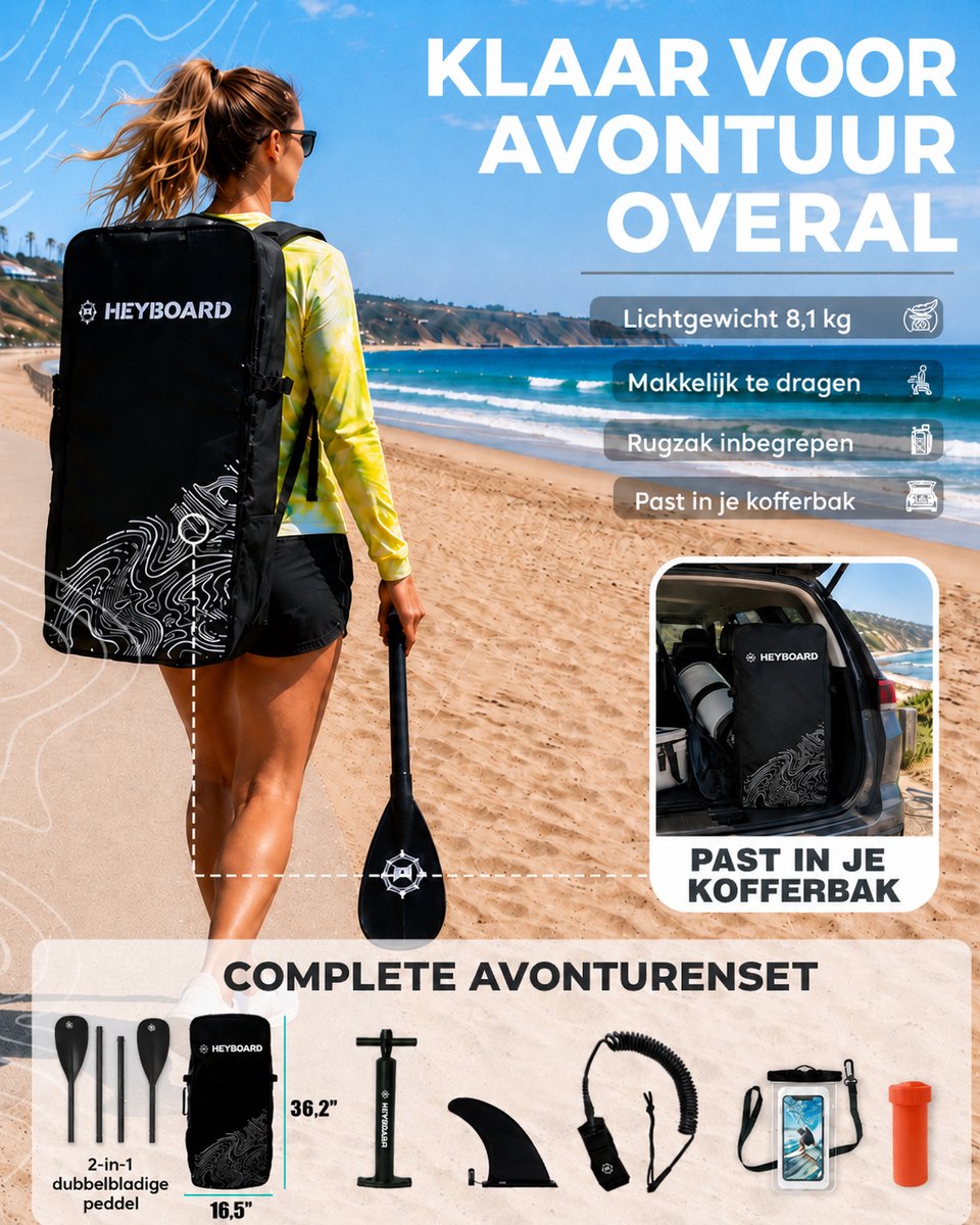 HEYBOARD SUP Board - 320x81x15 cm - Load Capacity 200 kg - Complete Set (2-in-1 Dual-Purpose Paddle), Inflatable Paddle Board – foto 5