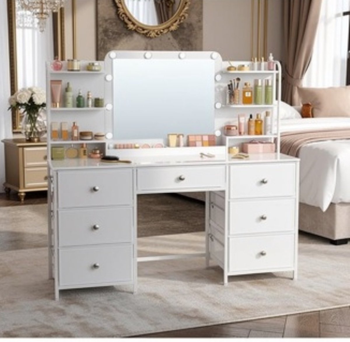 Luxe Extra Brede Make-up Kaptafel met LED Spiegel & 10 Lampen –Vanity Tafel met 7 Laden, 6 Opbergvakken, HD Spiegel en Dimbare Verlichting (Modern Wit, 150 cm) Medahomestore