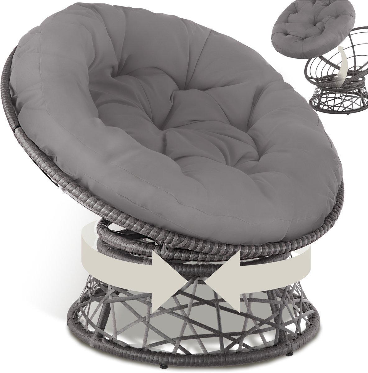tectake® Papasan Stoel - Gezellige Draaistoel met Ronde Kussens - Comfortabele Wicker Stoel - Draaibare Loungestoel - Ronde Relax Rotan Rieten Stoel voor Woonkamer, Leeshoek, Lounge - grijs