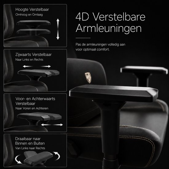 Illustratie van de 4D verstelbare armleuningen van de HICON gamestoel.
