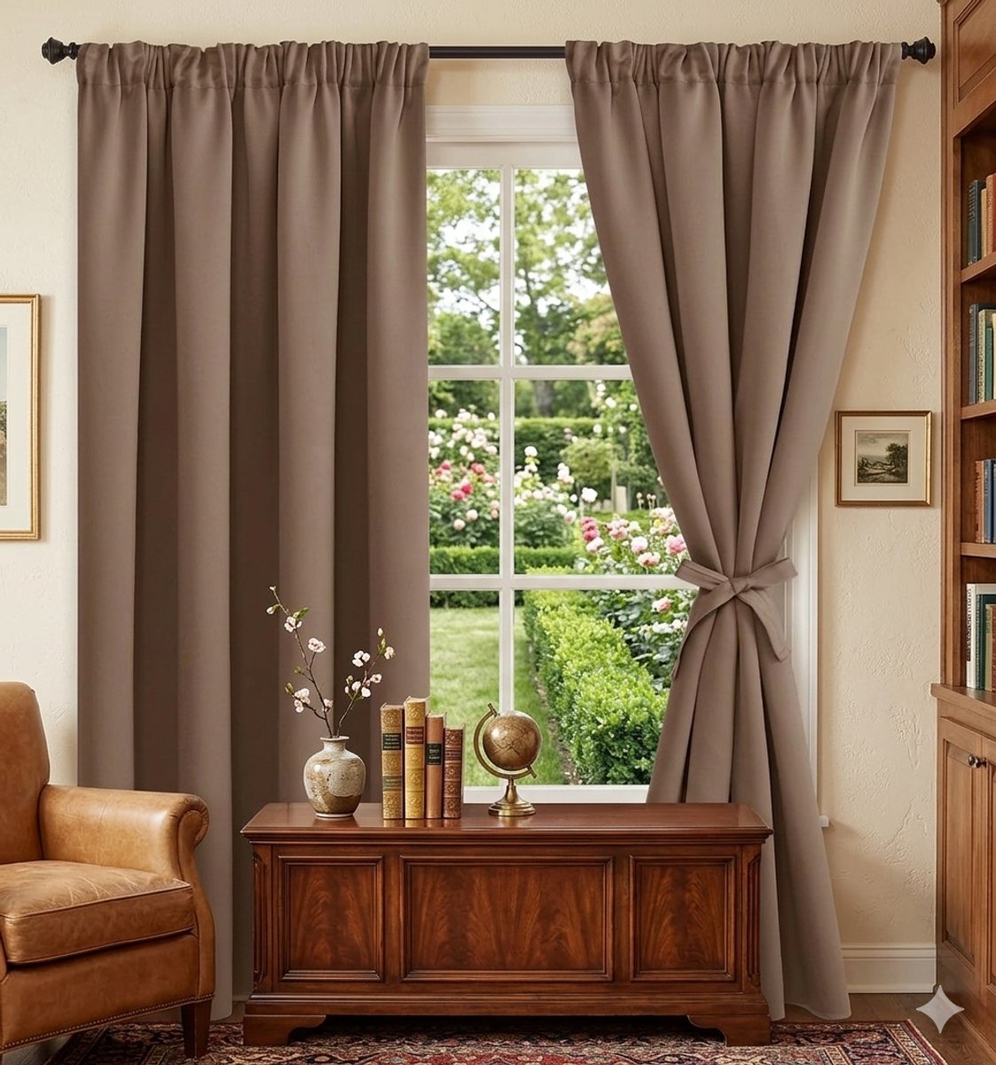 Maison Elara Verduisterende Gordijnen met Plooiband en Tiebacks, Warmte-isolerend, Kaki, 117x137 cm, 2 Stuks