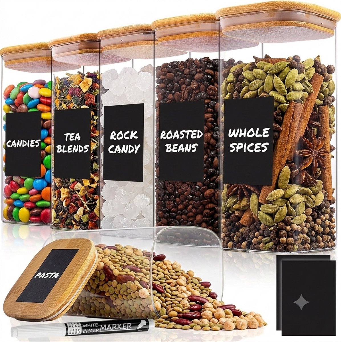 Voorraadpotten met Deksel 6-Delige Set + Etiketten, Luchtdicht Glazen Potten 6x1600ml voor Muesli, Cornflakes, Spaghetti, Keuken Opbergdozen