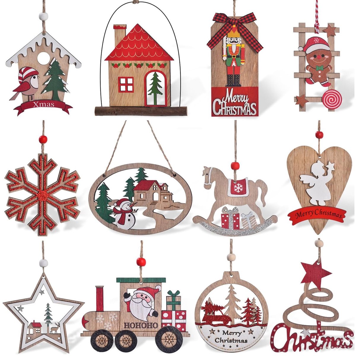 Dailygoods - Houten Kerstdecoratie - 12 Stuks voor je Kerstboom