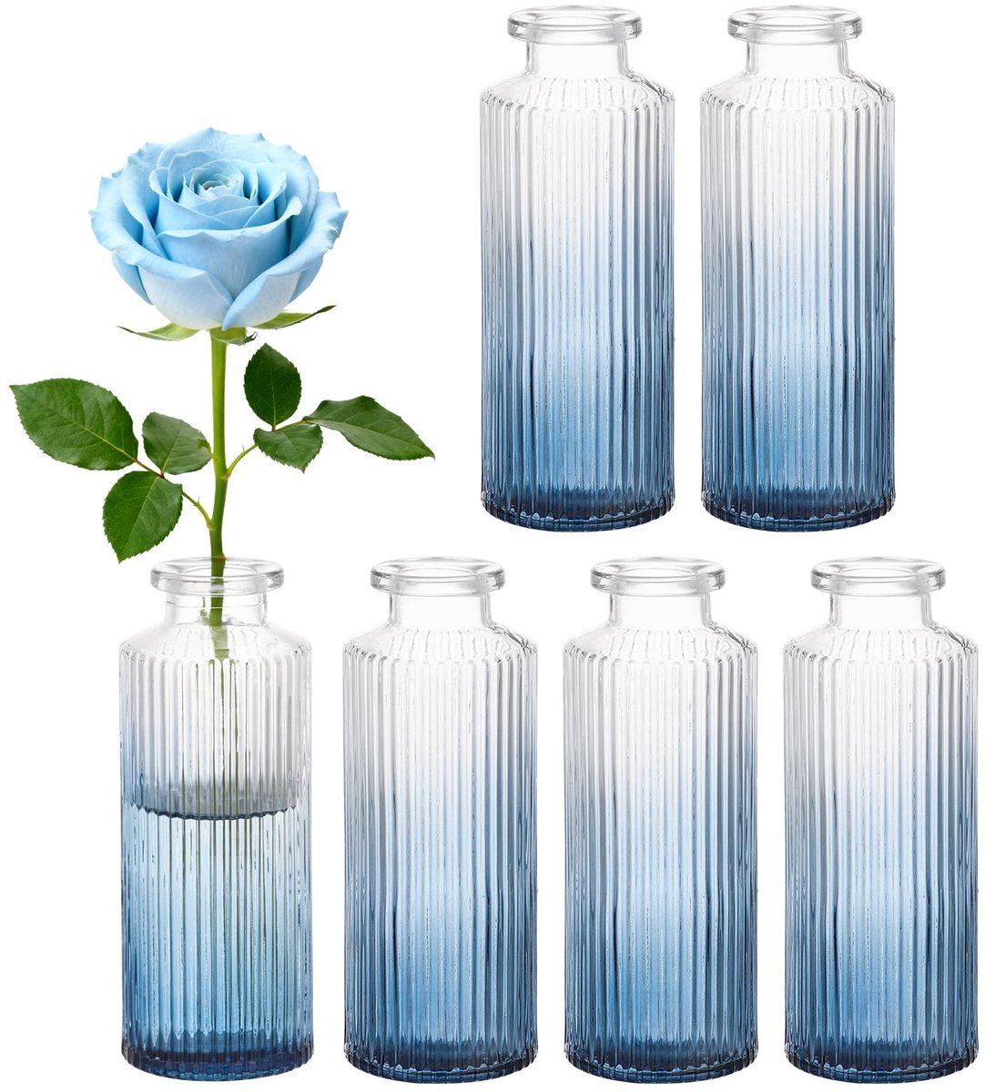 Dailygoods- Vazen Set van 6 - Vintage Decoratieve Vazen - Glas - Blauwe Verloop - Elegante Vormgeving - Stabiele Kwaliteit - Decoratieve Vaas